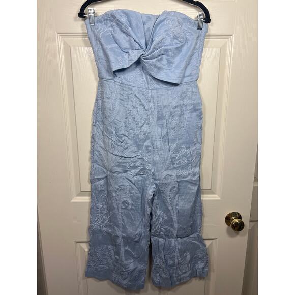 Anthro Aijek Womens 4 Silk Linen Blue Wide Leg Jumpsuit Strapless Cottagecore - Picture 2 of 10